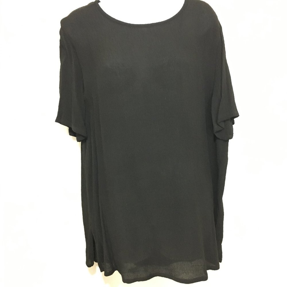 Eileen Fisher NY S Black Textured Rayon Pullover Top Short-Sleeve Made in USA